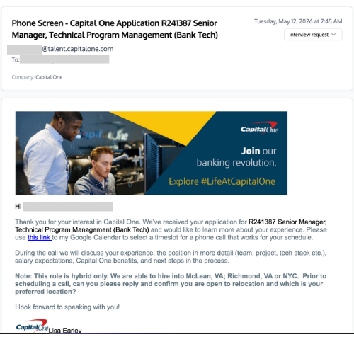Interview or offer from Capital One